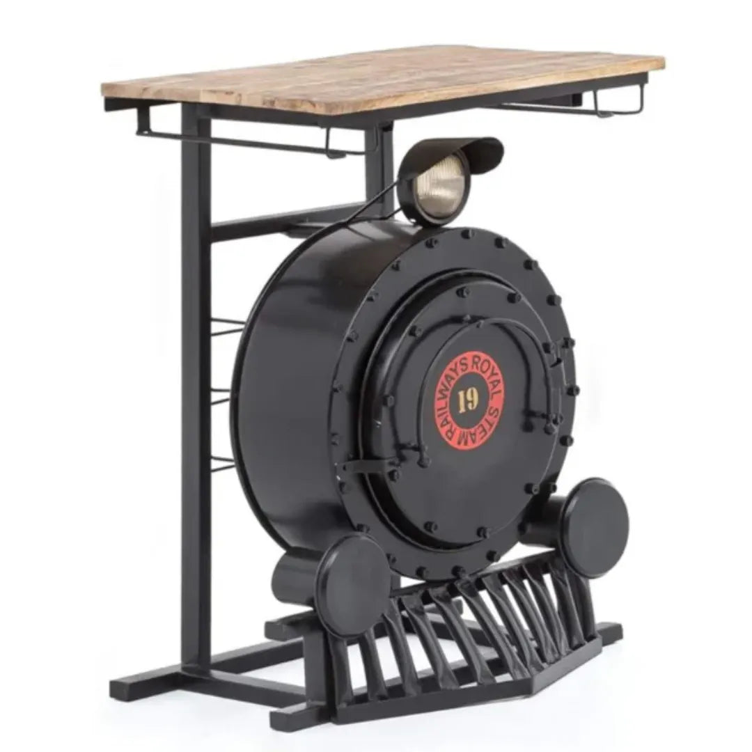 Classic steam engine bar cabinet with vintage train design, wooden finish and storage for bottles and glasses