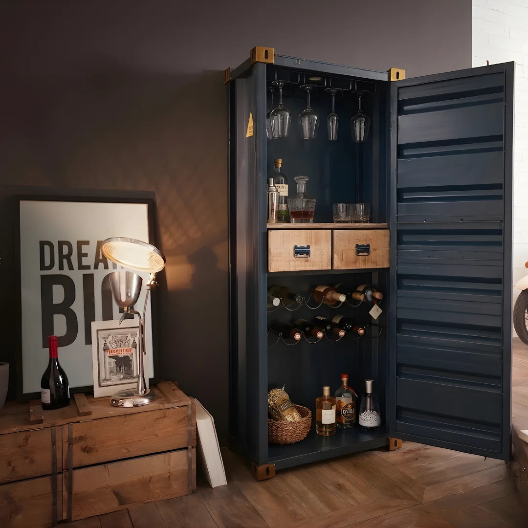 Industrial container bar cabinet with storage shelves and metal finish, perfect for modern home bars