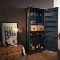 Industrial container bar cabinet with storage shelves and metal finish, perfect for modern home bars