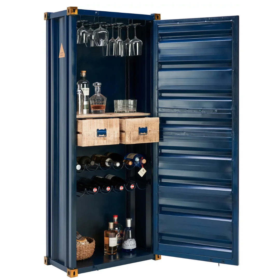 Industrial container bar cabinet with storage shelves and metal finish, perfect for modern home bars