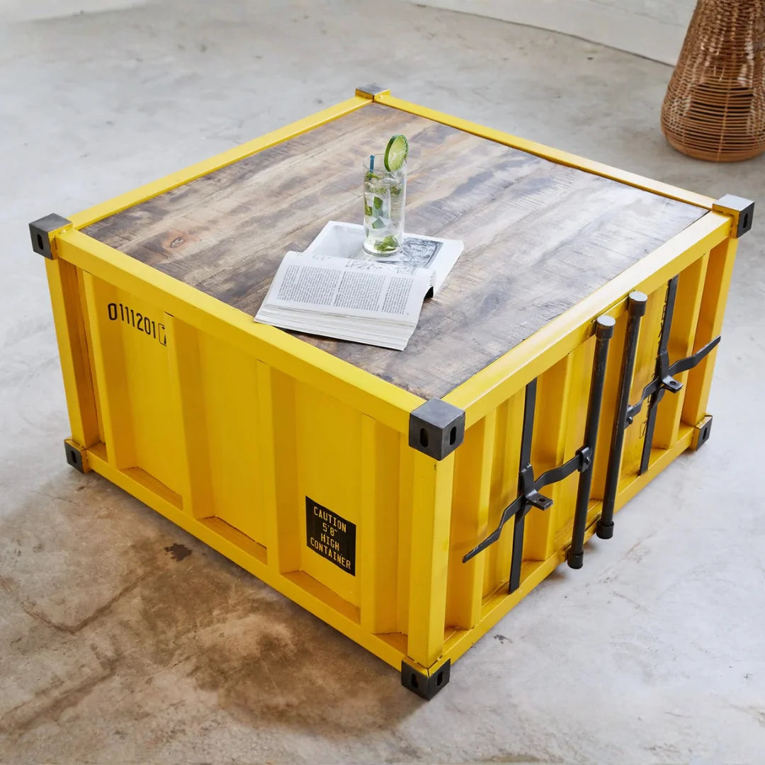 Industrial container coffee table with storage, metal finish design perfect for modern living rooms