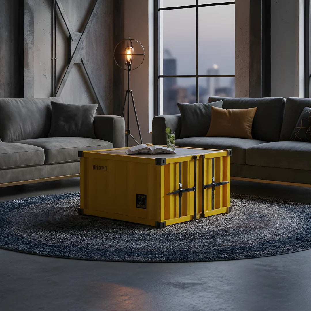 Industrial container coffee table with storage, metal finish design perfect for modern living rooms