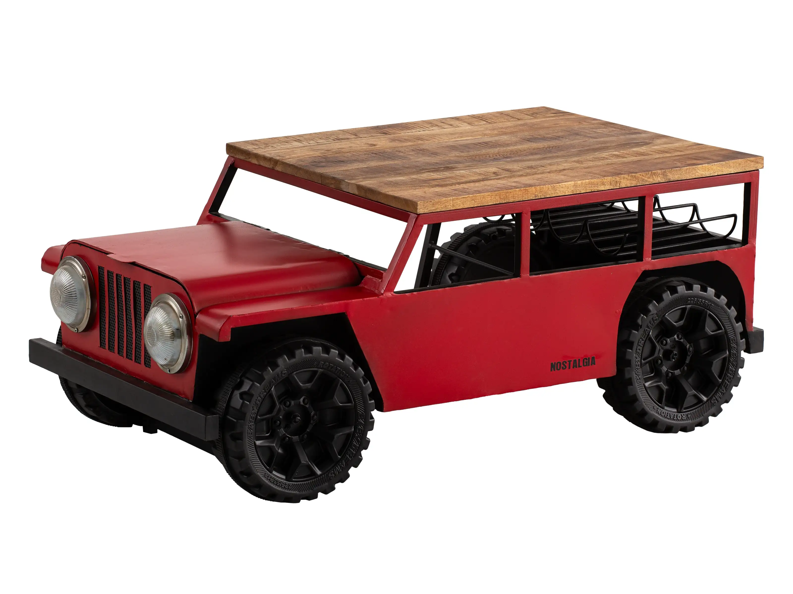 Red jeep coffee table with black wheels and under-storage.
