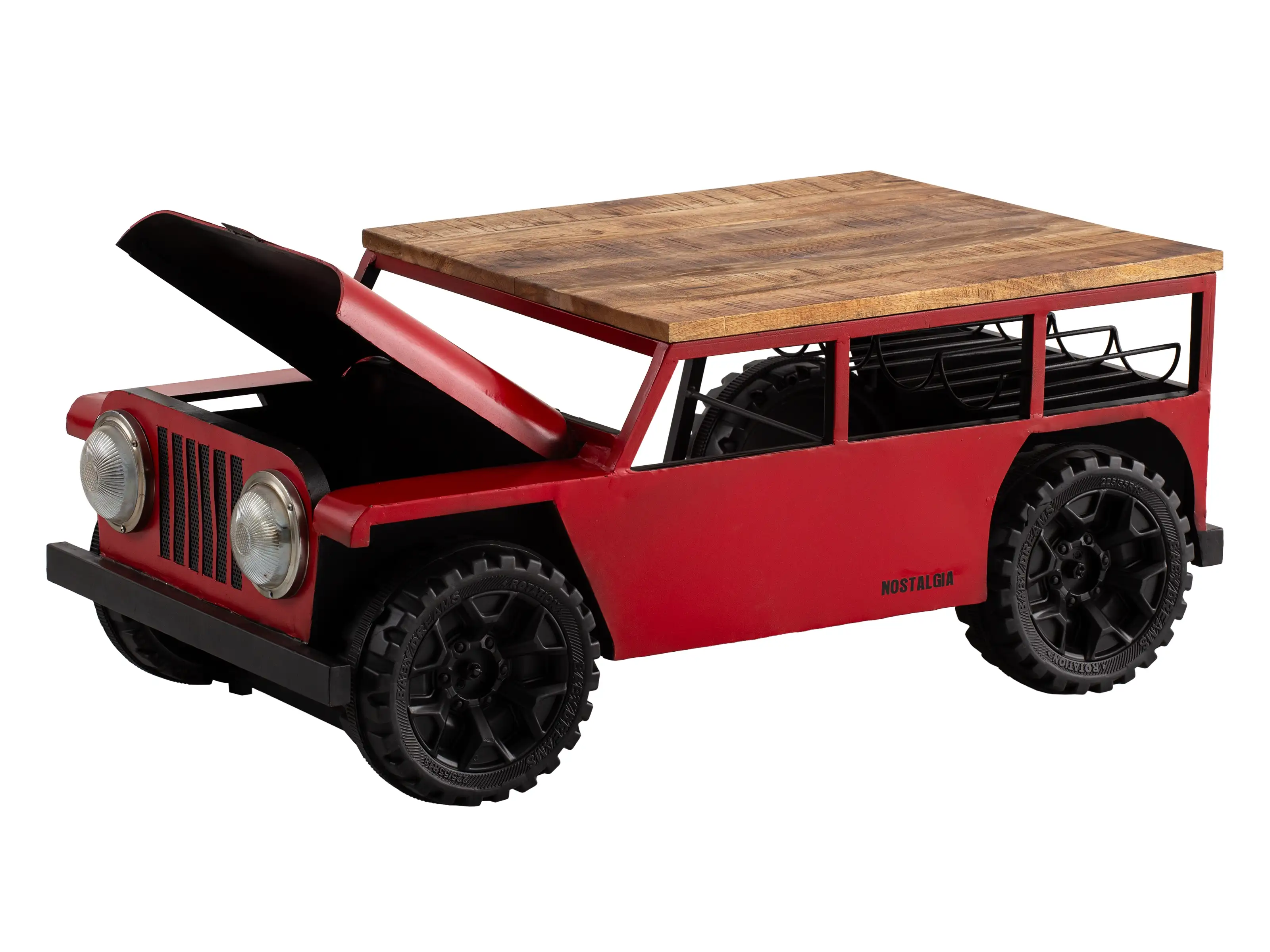 Red jeep-inspired coffee table with storage and wheels.