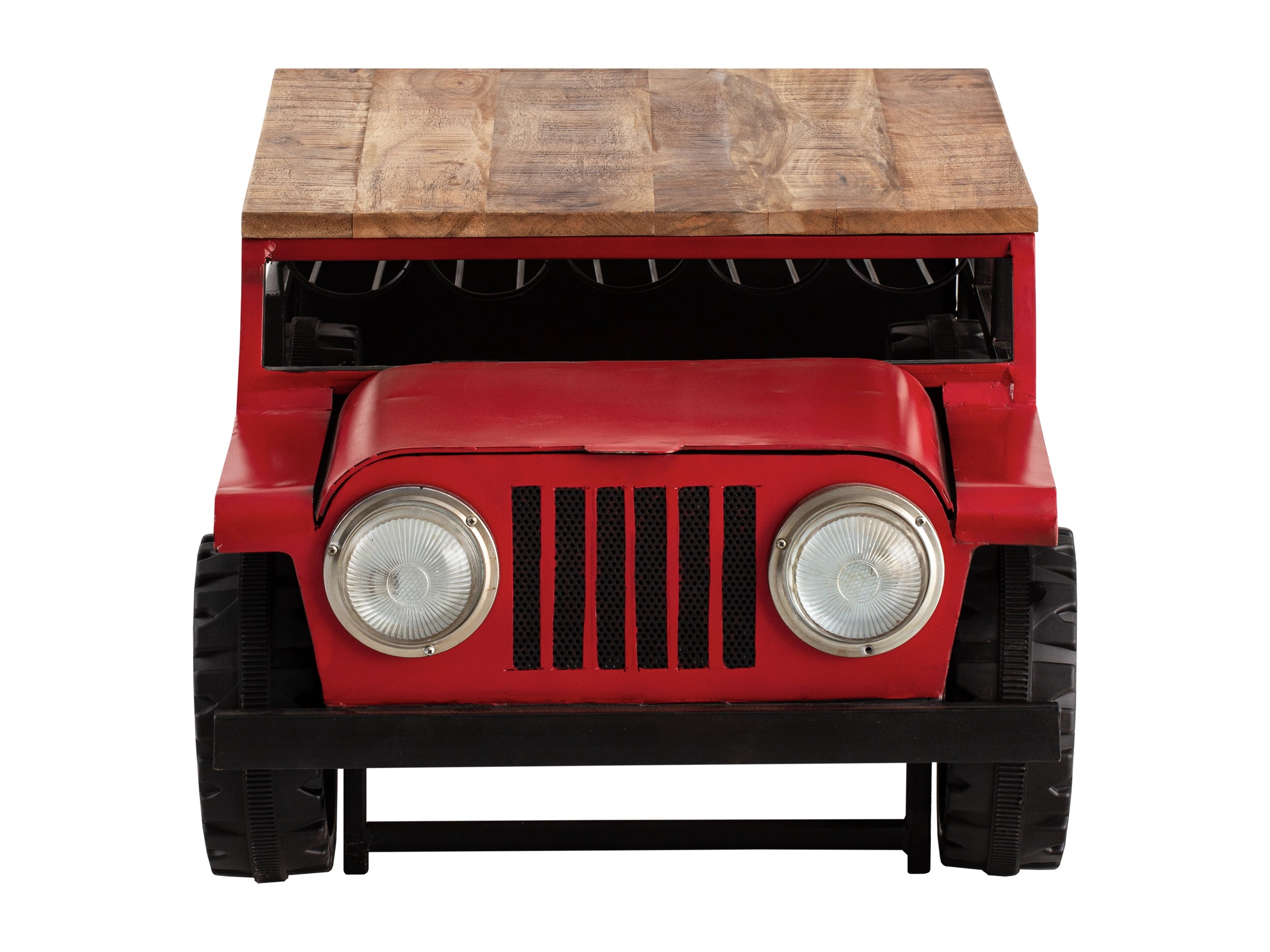 Unique coffee table designed as a red jeep with headlights.