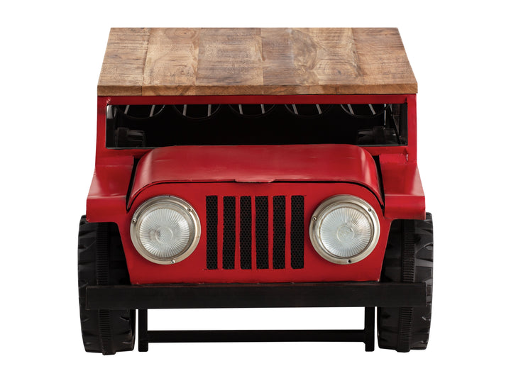 Unique coffee table designed as a red jeep with headlights.