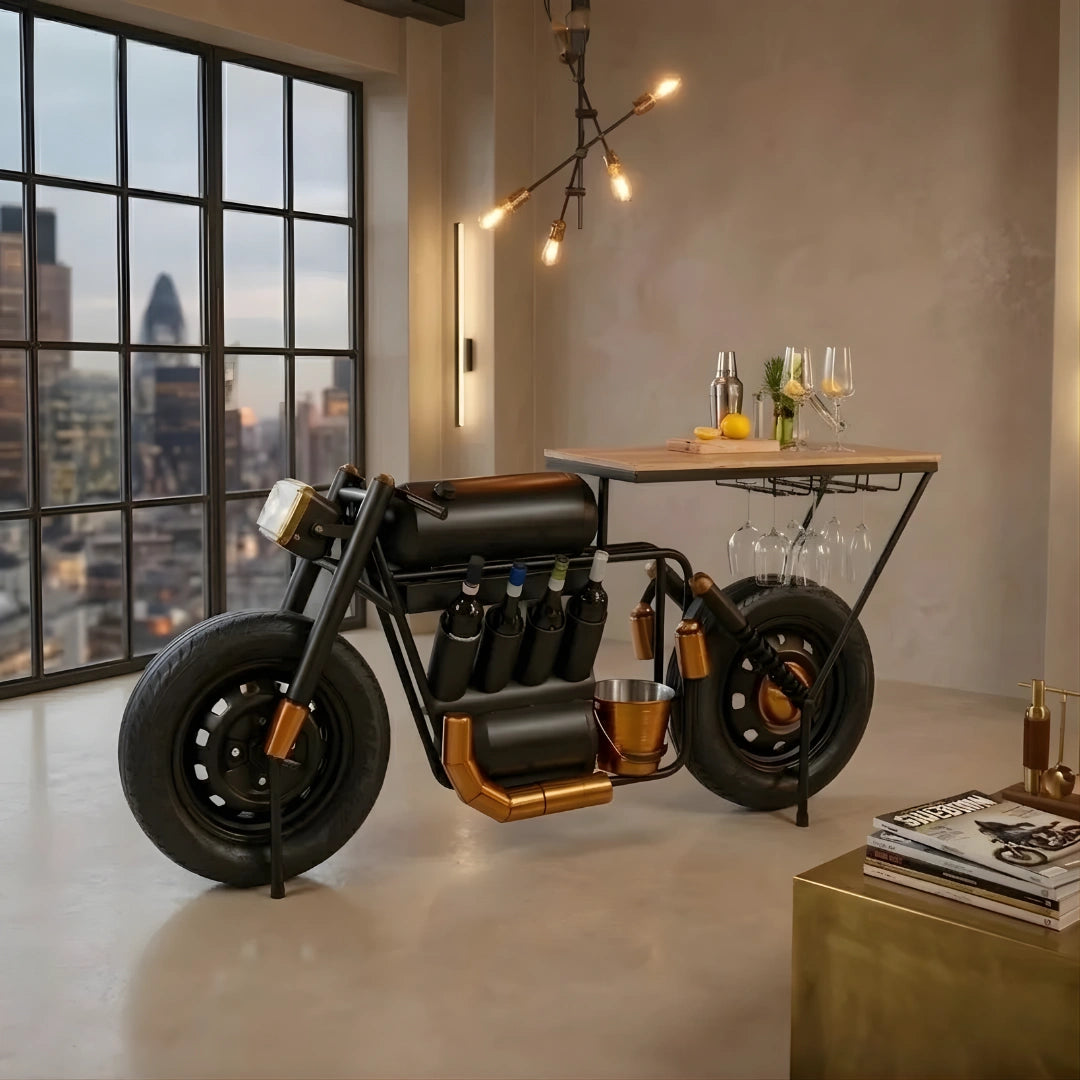 Vector bike bar console for riders with wooden finish and storage design, handcrafted by Foxfurn India