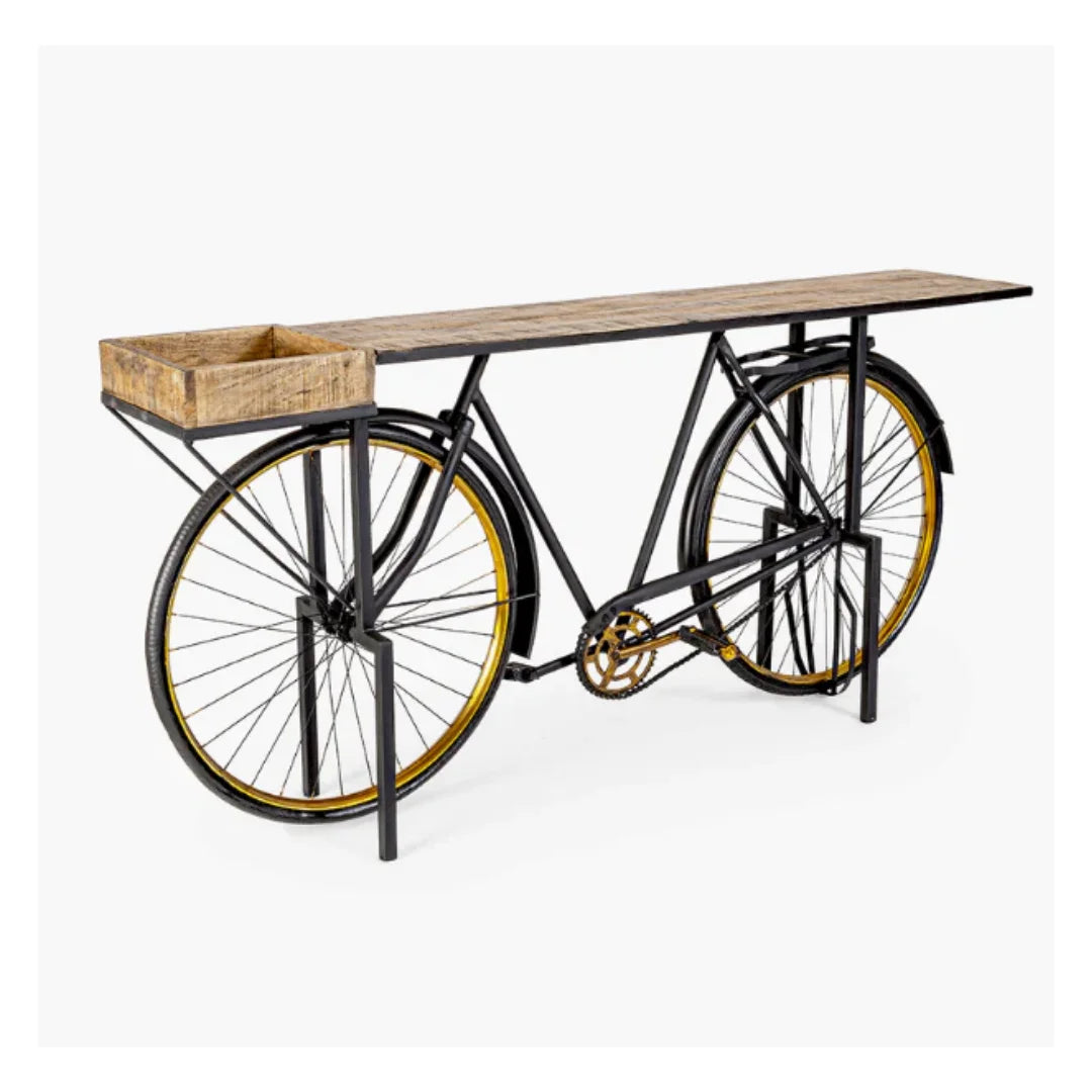 Cycle design living room console table with sleek metal frame and wooden top by Foxfurn model LBC-302