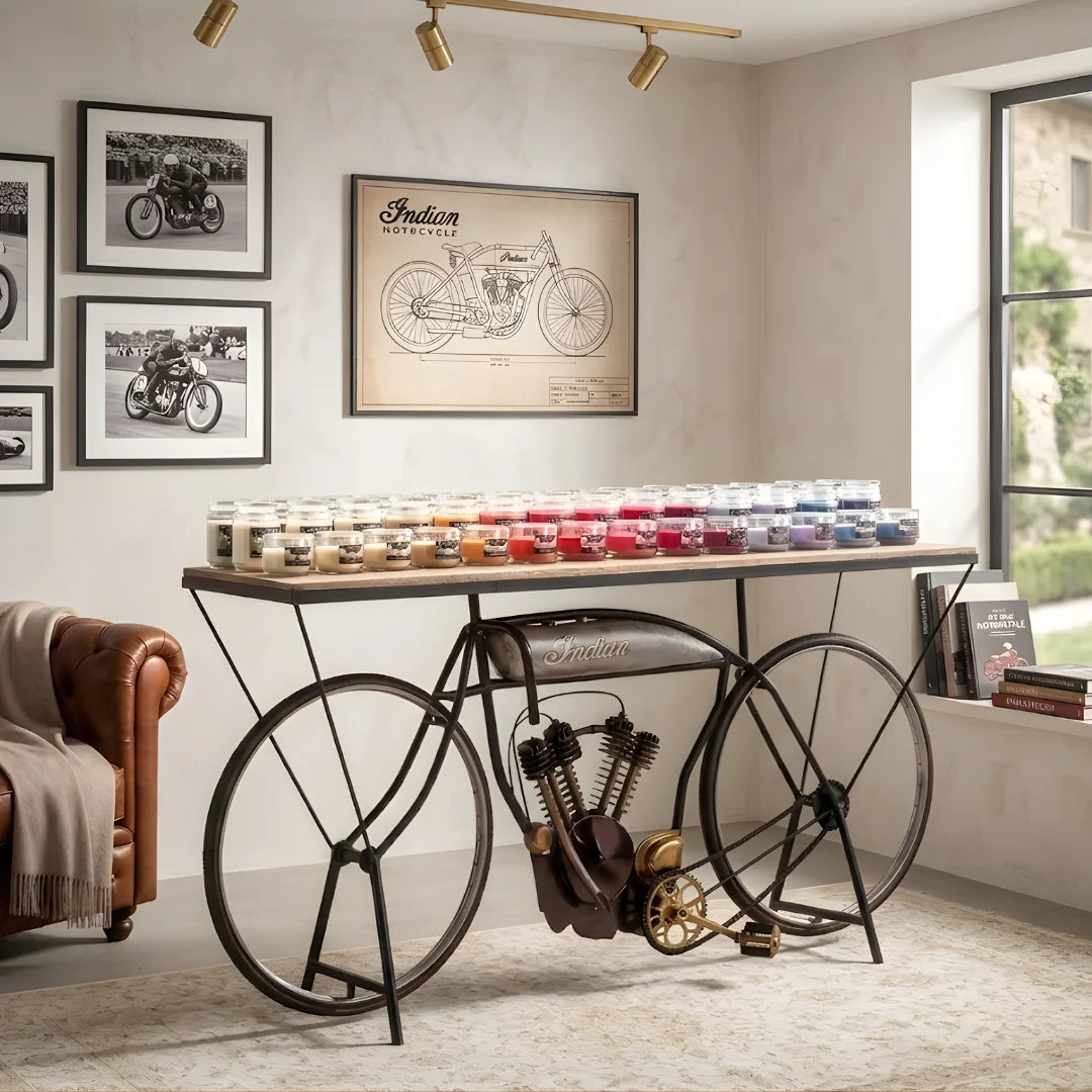 Vintage cycle console table with wooden top and metal frame, perfect for home decor and storage by Foxfurn