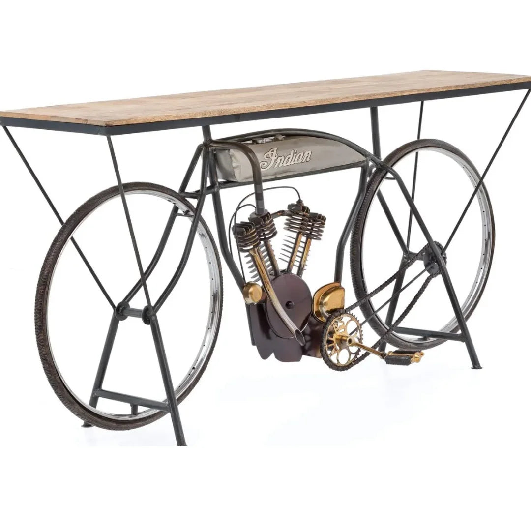 Vintage cycle console table with wooden top and metal frame, perfect for home decor and storage by Foxfurn
