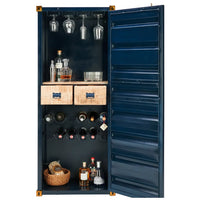 Industrial container bar cabinet with storage shelves and metal finish, perfect for modern home bars
