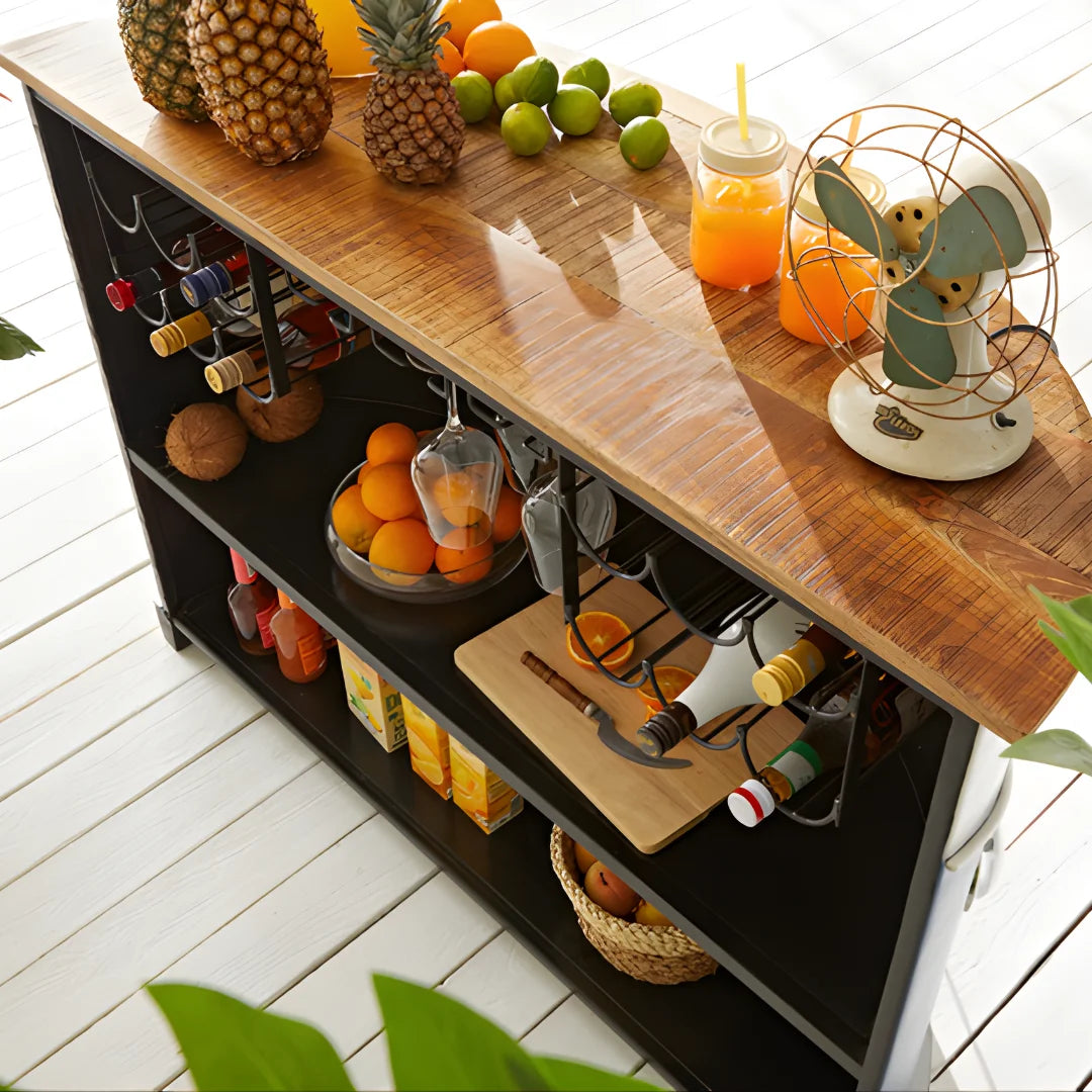 Vintage Kombi low top bar cabinet with storage shelves and unique automobile design by Foxfurn