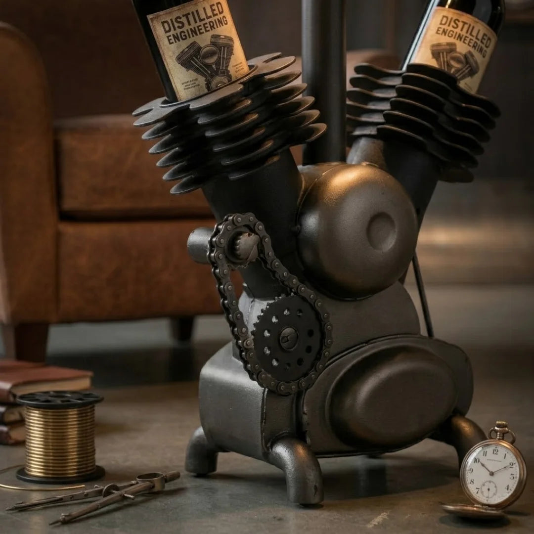 Industrial engine themed side table with unique metal design