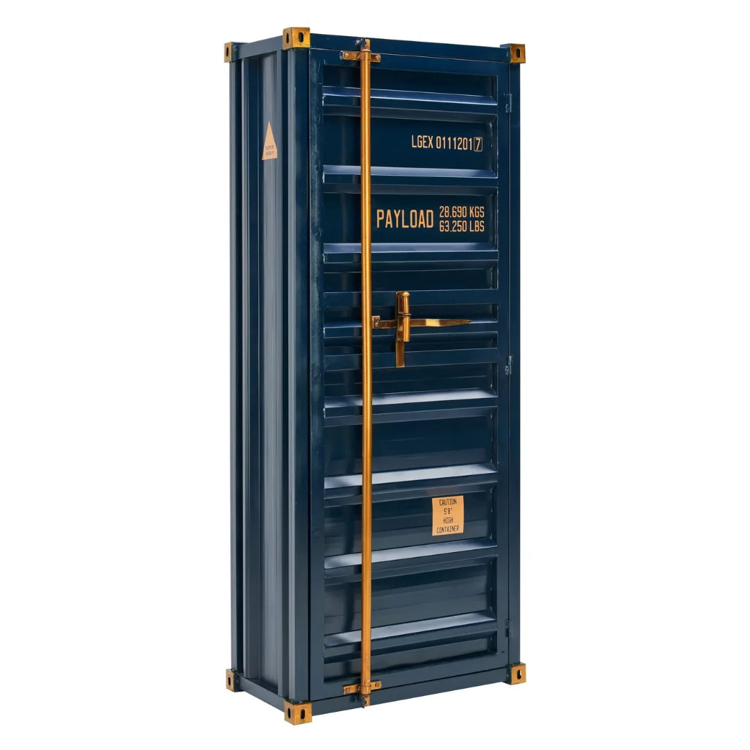 Industrial container bar cabinet with storage shelves and metal finish, perfect for modern home bars