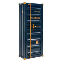 Industrial container bar cabinet with storage shelves and metal finish, perfect for modern home bars