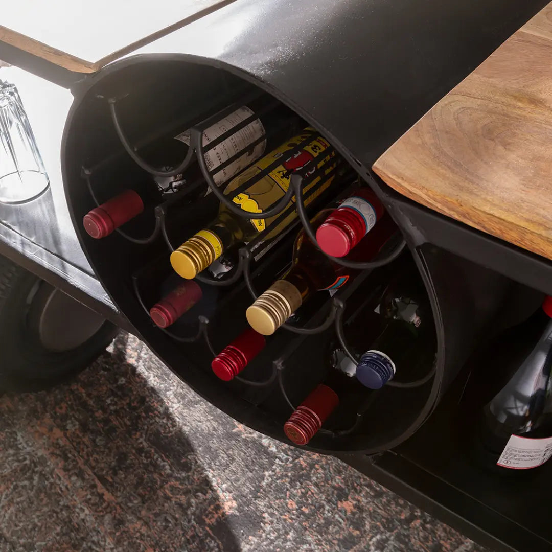Luxury fighter plane bar counter with metallic finish and storage compartments handcrafted by Foxfurn