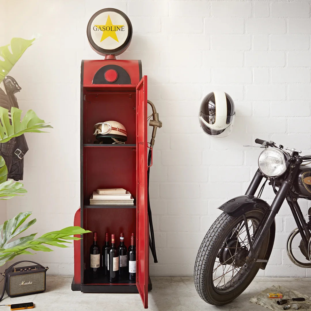 Red gas pump bar cabinet with vintage design, bottle storage and retro finish by Foxfurn for home bar decor