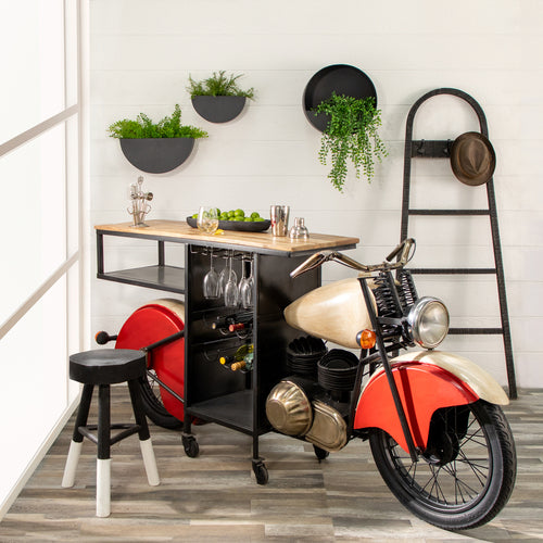 Retro motorcycle bar console with sleek design and wine rack