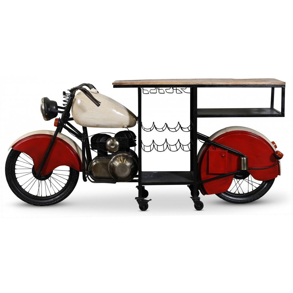 Motorcycle-shaped bar cart with wine rack
