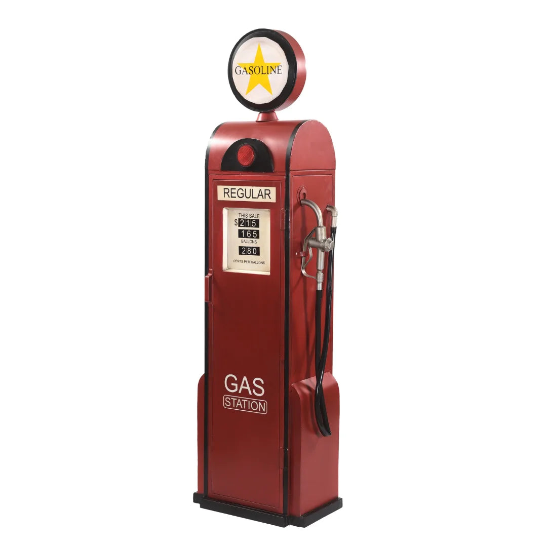 Red gas pump bar cabinet with vintage design, bottle storage and retro finish by Foxfurn for home bar decor