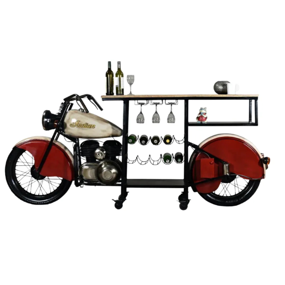 Brough bike wooden bar console table with vintage design and storage, perfect for stylish home bar setup