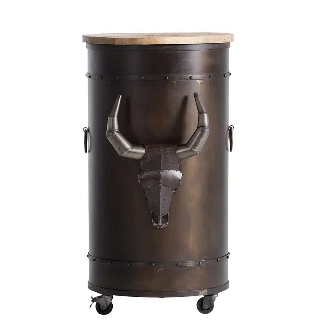 Round tank bull cart style bar cabinet with rustic wooden finish and storage space for bottles and glasses