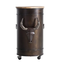 Round tank bull cart style bar cabinet with rustic wooden finish and storage space for bottles and glasses