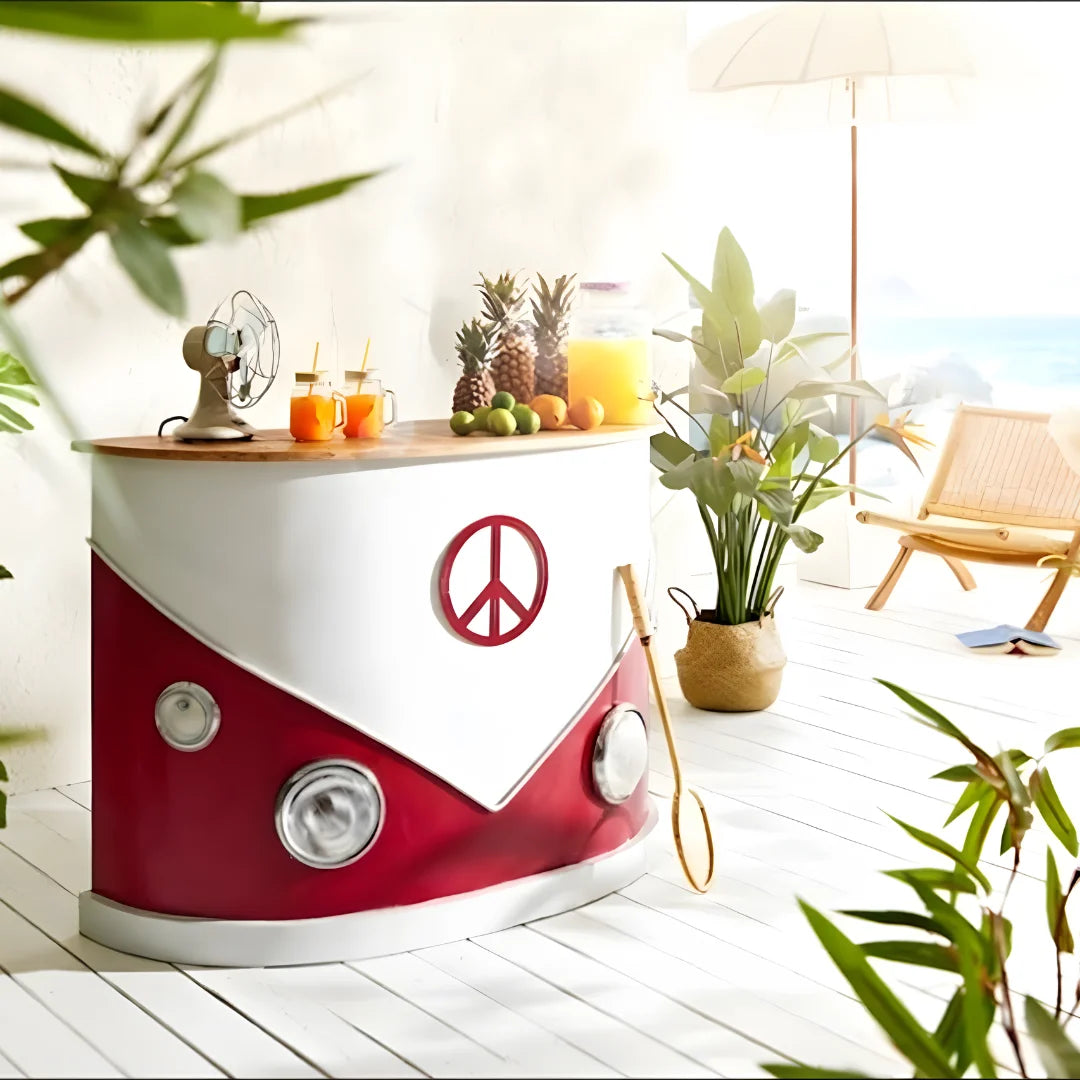 Vintage Kombi low top bar cabinet with storage shelves and unique automobile design by Foxfurn
