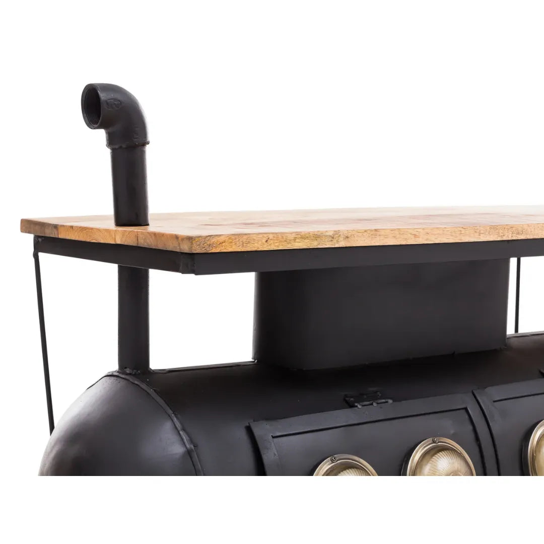 Marine theme bar counter with nautical design, wooden finish and storage shelves for stylish living room decor