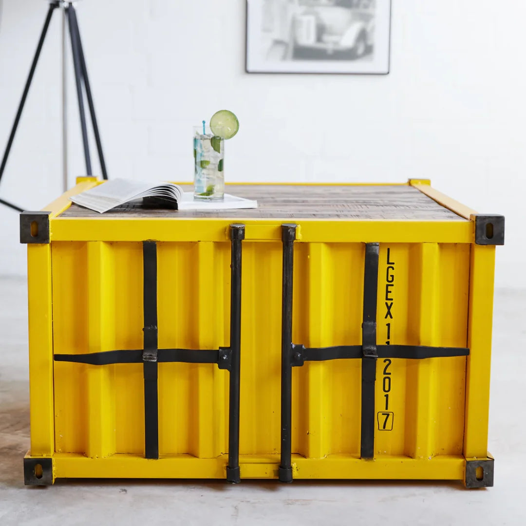 Industrial container coffee table with storage, metal finish design perfect for modern living rooms