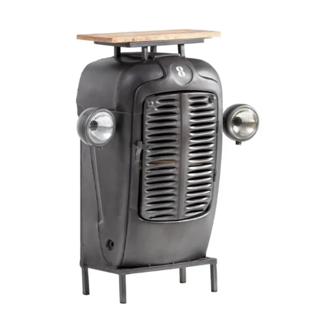 Vintage tractor style bar table with built in storage, perfect for stylish home bar setup and rustic decor