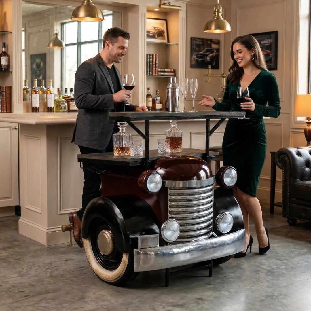 Industrial muscle truck bar cabinet with storage shelves and metal finish design by Foxfurn for home bars
