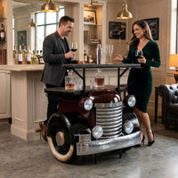 Industrial muscle truck bar cabinet with storage shelves and metal finish design by Foxfurn for home bars
