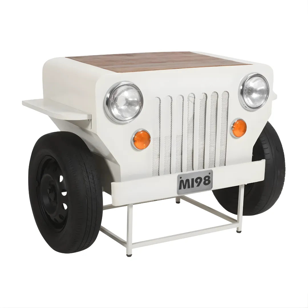 Stylish off-road inspired home bar unit with shelves, bottle holders, and premium wood finish