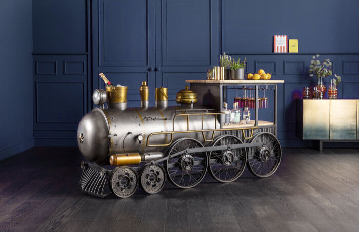 Train-inspired home bar cart with vintage design