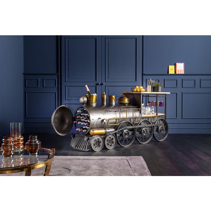Metallic train bar cart with stylish storage