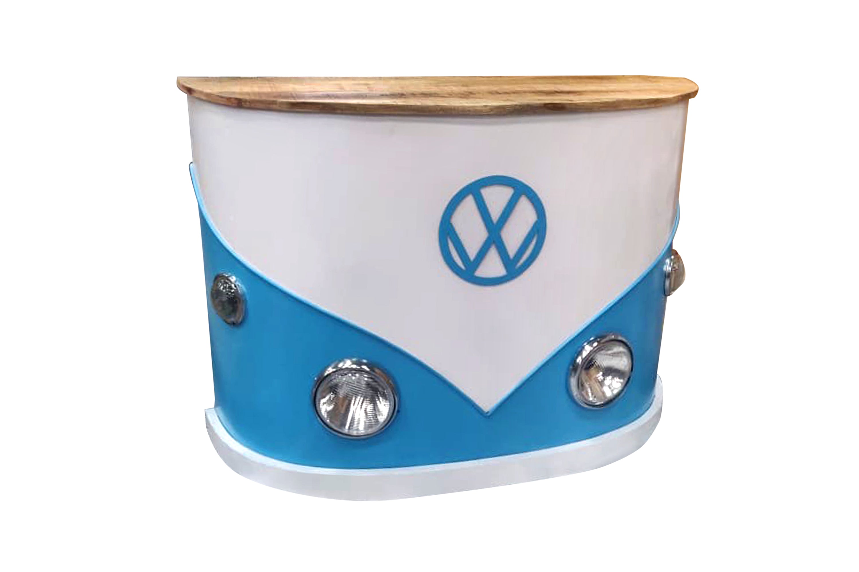 Retro car-inspired bar counter in blue and white