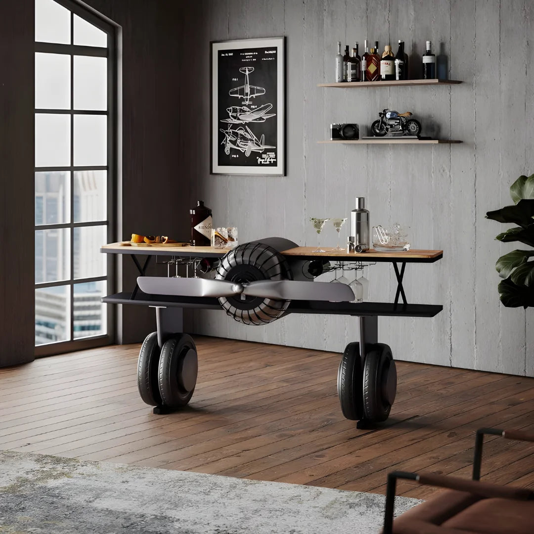 Luxury fighter plane bar counter with metallic finish and storage compartments handcrafted by Foxfurn