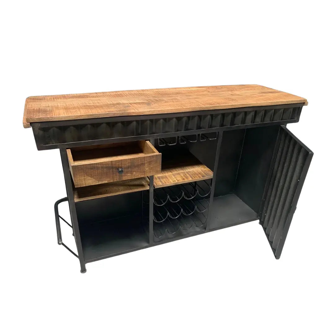 Modern home bar counter with storage cabinet and wooden finish, perfect for stylish home bar setups by Foxfurn