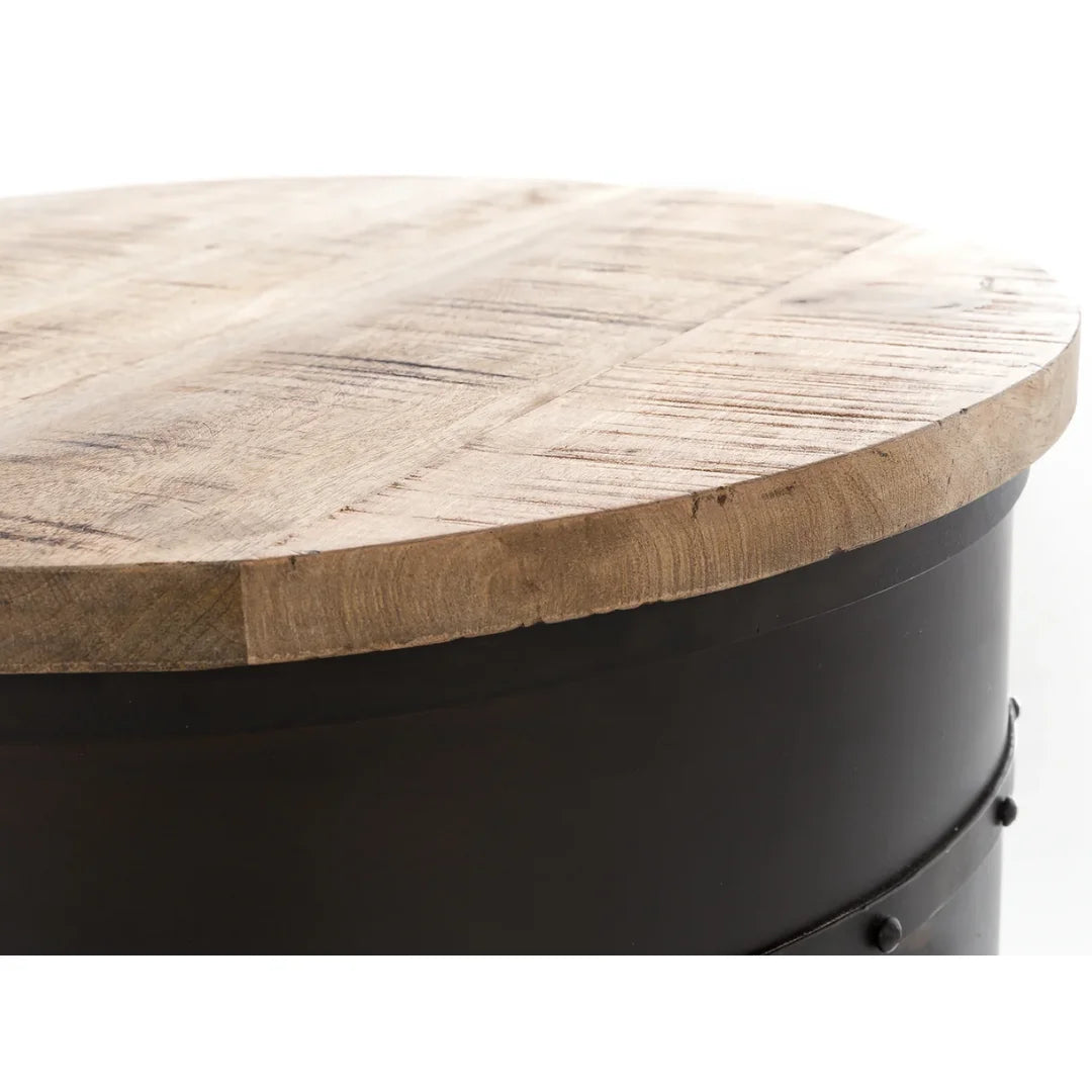 Round tank bull cart style bar cabinet with rustic wooden finish and storage space for bottles and glasses