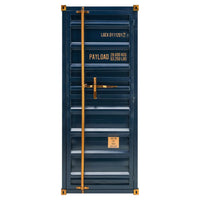 Industrial container bar cabinet with storage shelves and metal finish, perfect for modern home bars
