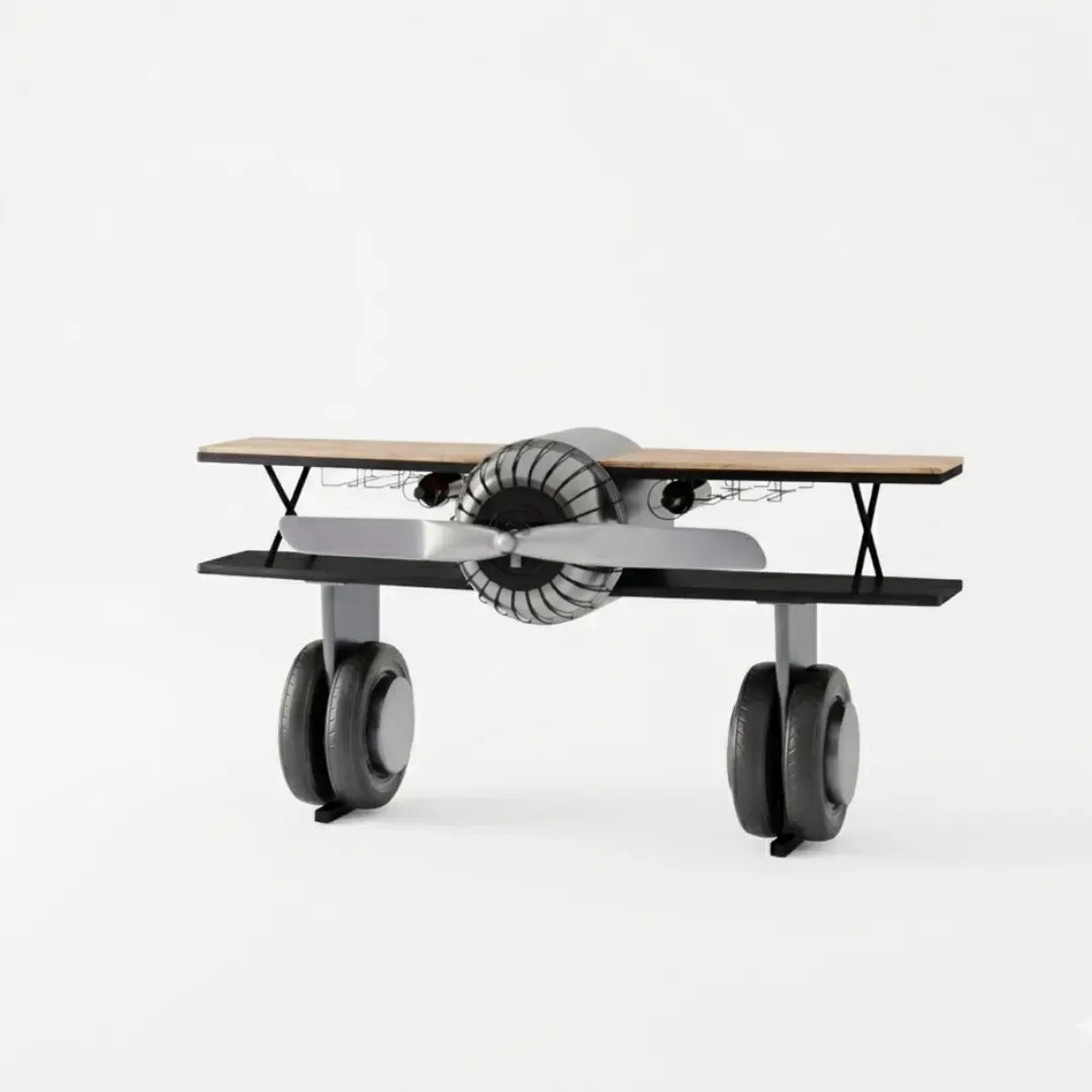 Luxury fighter plane bar counter with metallic finish and storage compartments handcrafted by Foxfurn