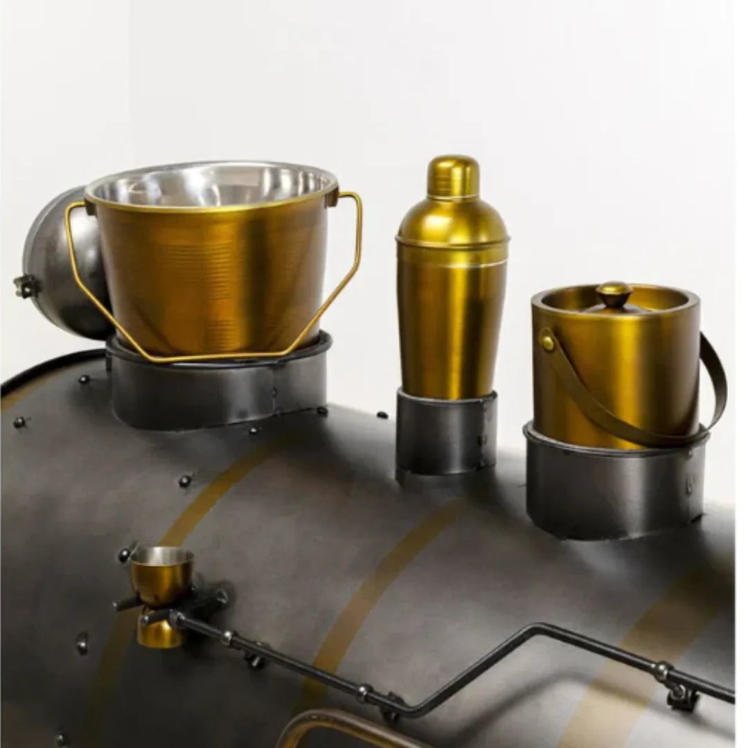 Railway engine inspired bar counter with industrial metal and wood finish, unique design by Foxfurn