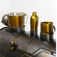Railway engine inspired bar counter with industrial metal and wood finish, unique design by Foxfurn