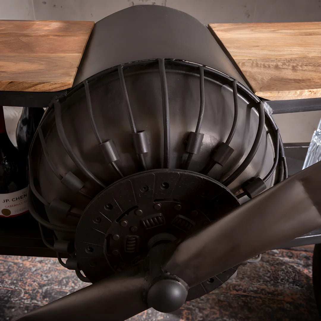 Luxury fighter plane bar counter with metallic finish and storage compartments handcrafted by Foxfurn