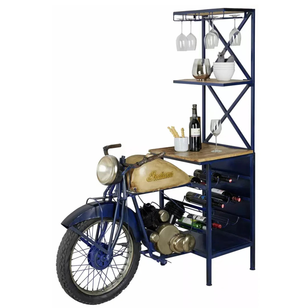Handmade motorcycle themed bar shelf with storage by Foxfurn