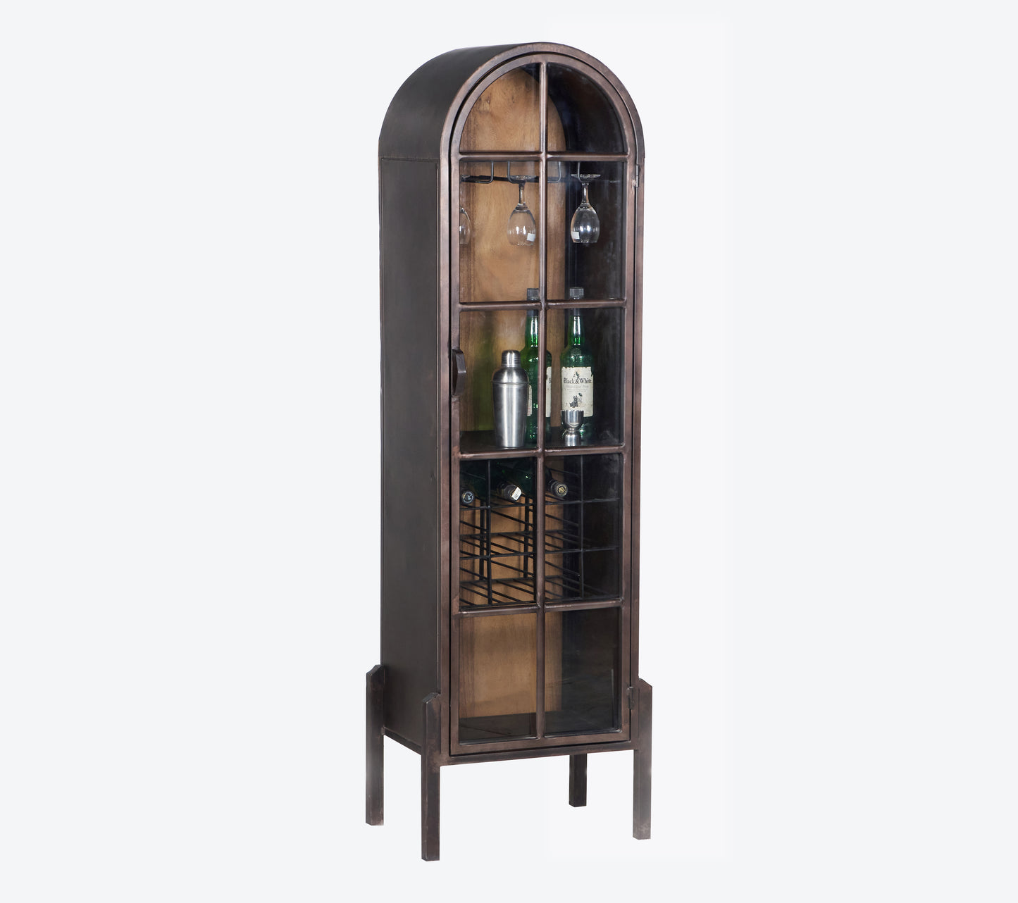 Metal and wood cabinet with an arched door, featuring a wine rack and open shelving inside