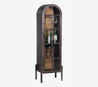 Metal and wood cabinet with an arched door, featuring a wine rack and open shelving inside