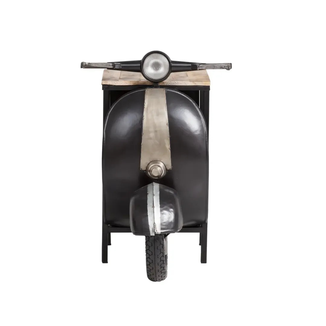 Mini scooter bar counter with storage featuring vintage design, wooden finish and bottle holder by Foxfurn
