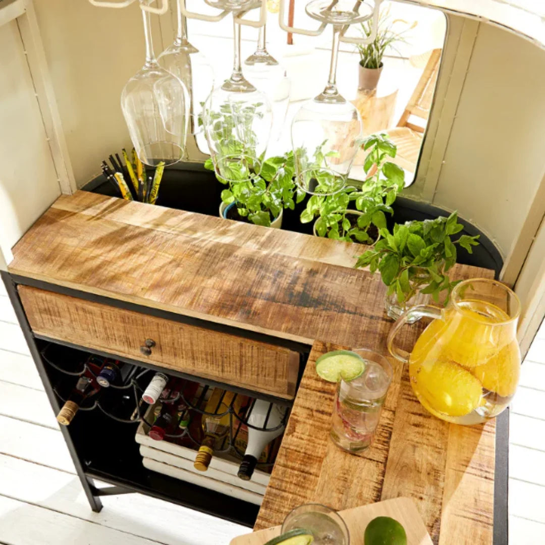 Bus front bar counter with vintage design, wooden finish and storage shelves for stylish home bar setup